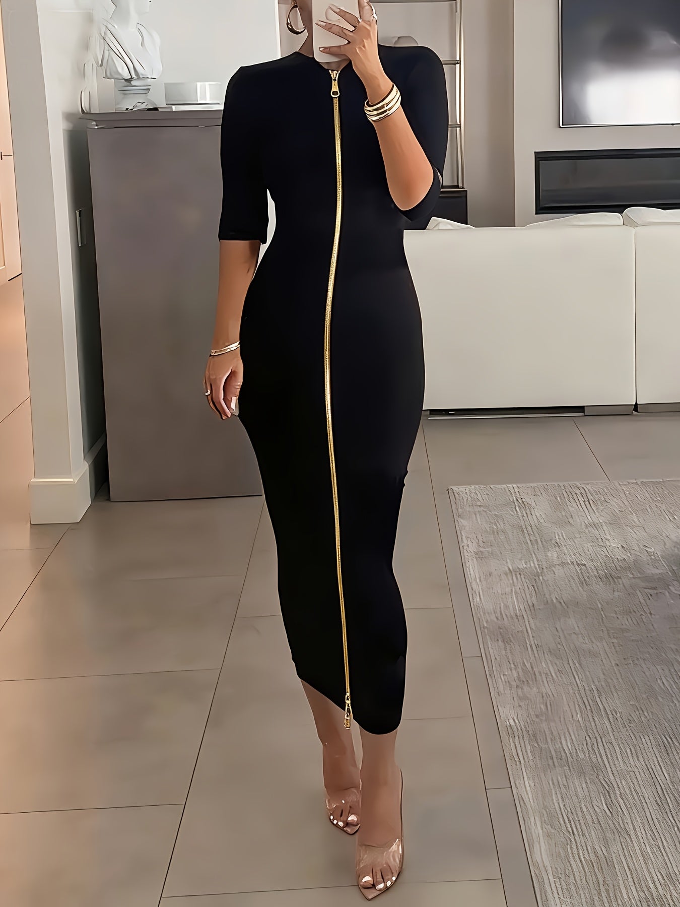 Vestido midi ajustado con cuello barco – Vestido elegante de manga corta con corte entallado