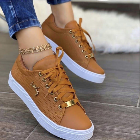 Loom & Soul™ Women’s Flat Lace-Up Sneakers – Breathable Patent PU Casual Shoes with Soft PU Sole