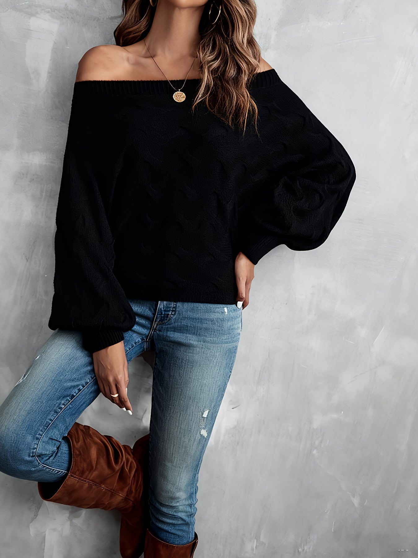 Suéter murciélago para mujer con hombros descubiertos – Tejido holgado para todas las estaciones