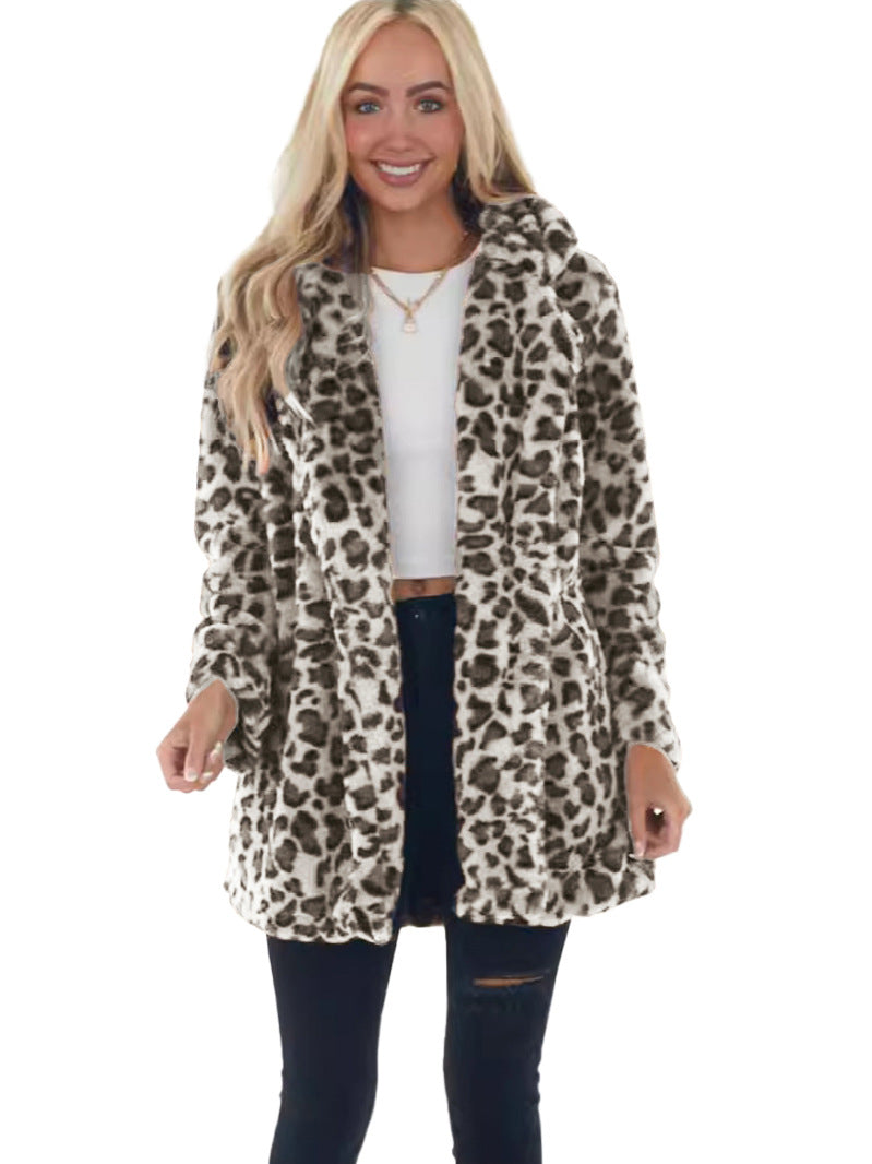 Chaqueta de felpa de leopardo para mujer – Abrigo de corte holgado