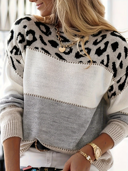 Suéter de mujer con retales de leopardo – Jersey de punto rosa y blanco con cuello redondo