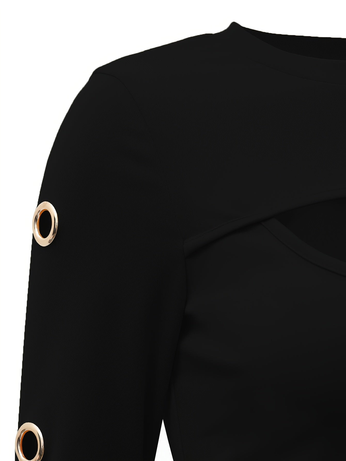 Elegante top negro de manga larga – Camiseta de cuello redondo con botones dorados