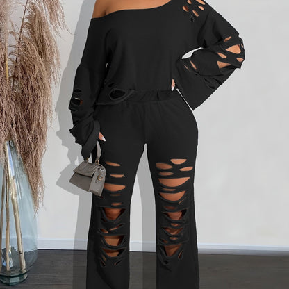 Ensemble 2 pièces femme épaules dénudées délavé – Haut manches longues et pantalon déchiré