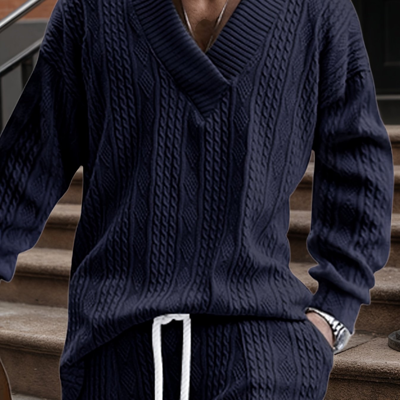 Suéter de punto con cuello en V para hombre – Jersey casual de jacquard acanalado