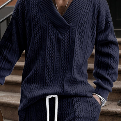 Suéter de punto con cuello en V para hombre – Jersey casual de jacquard acanalado