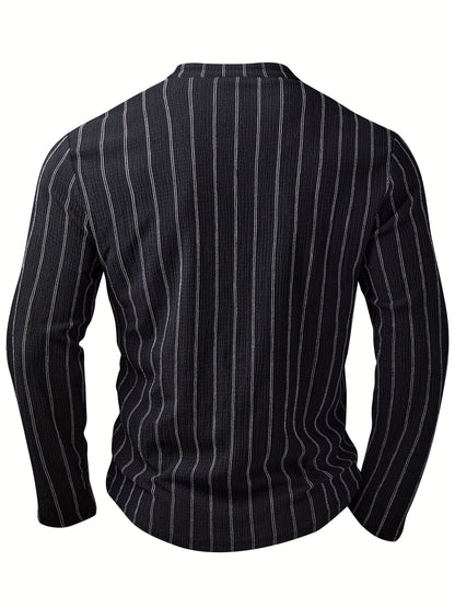 Camisa Henley de manga larga a rayas para hombre – Pulóver casual con botones