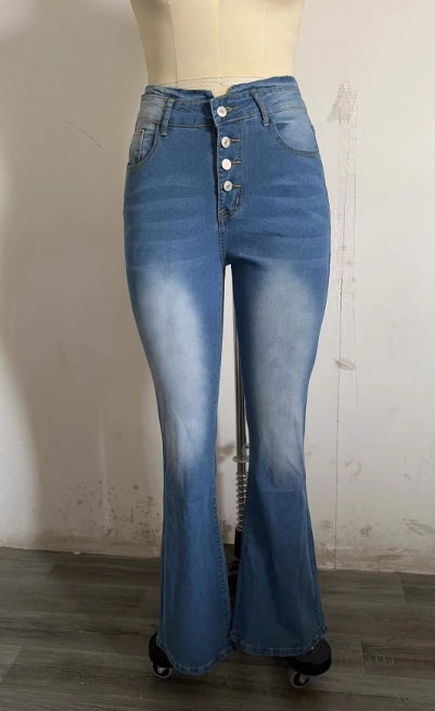 Jean évasé taille haute Loom & Soul pour femme – Jean patte d'éléphant en denim délavé avec double bouton et ourlet brut