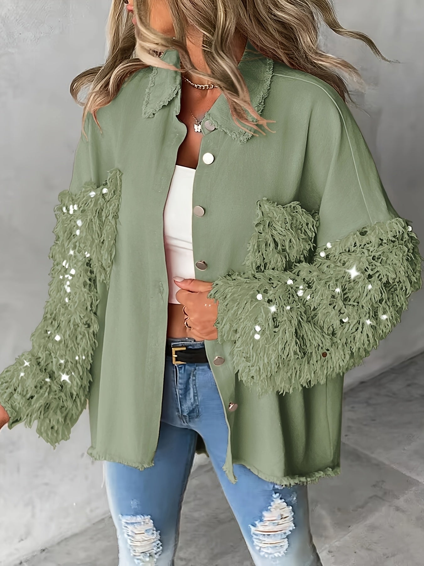 Women’s Sequin Tassel Patchwork Shacket – Fuzzy Contrast Long Sleeve Jacket