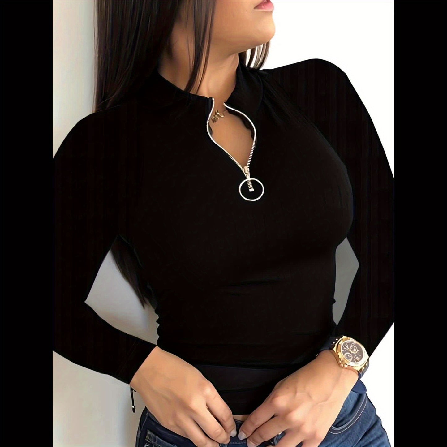 Elegante camiseta de manga larga con cuello en V y cremallera – Color sólido para mujer