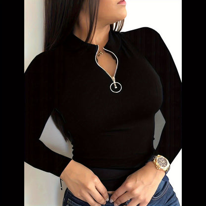 Elegante camiseta de manga larga con cuello en V y cremallera – Color sólido para mujer