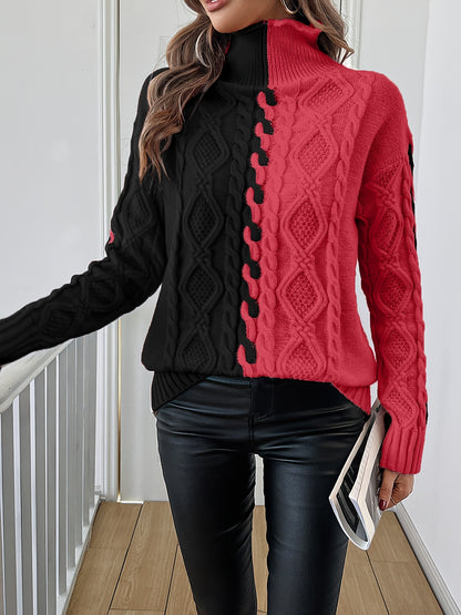 Blusa Elegante de Rayas con Cuello Alto – Top de Manga Larga de Punto Color Block