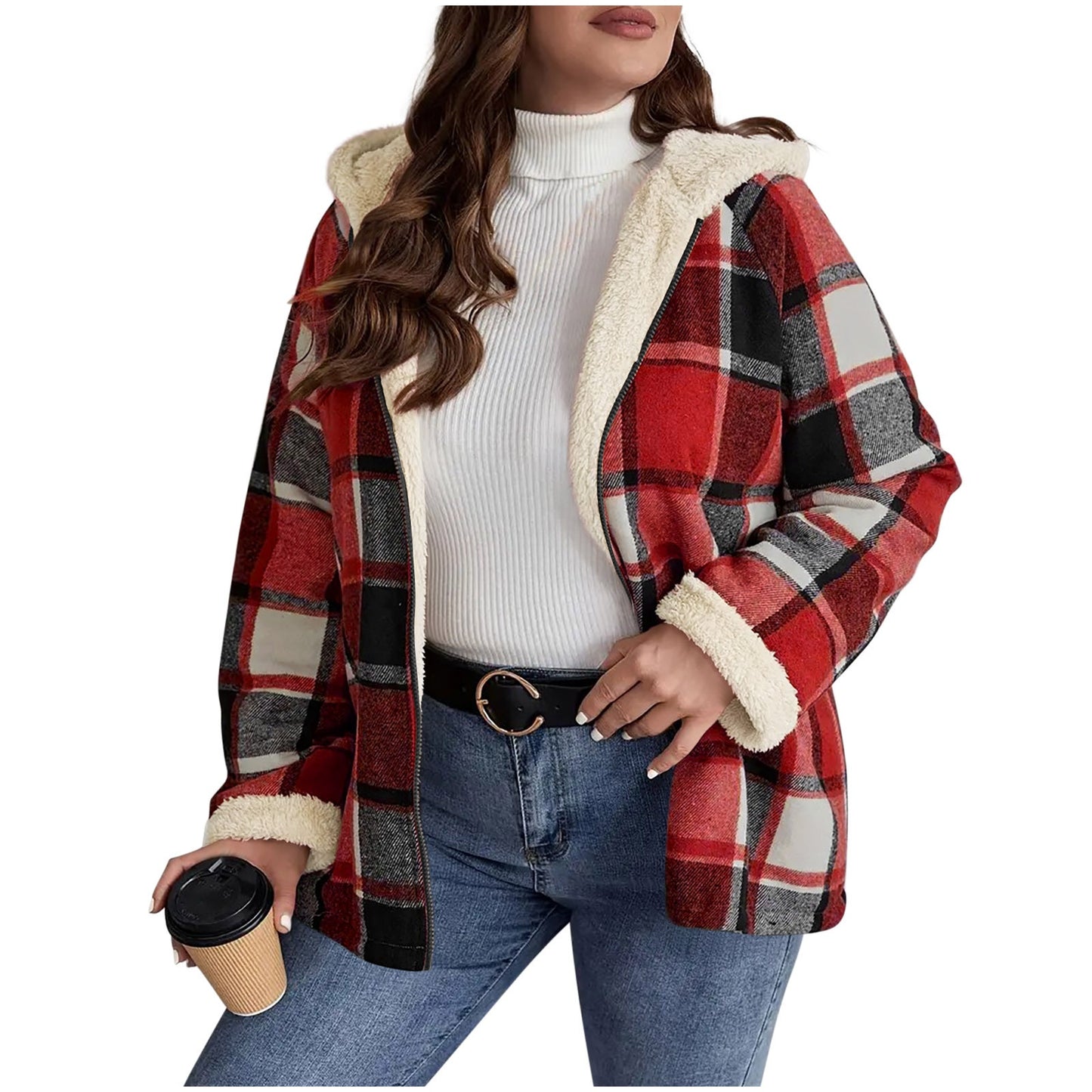 Abrigo de mujer con capucha forrado de forro polar a cuadros – Calidez retro