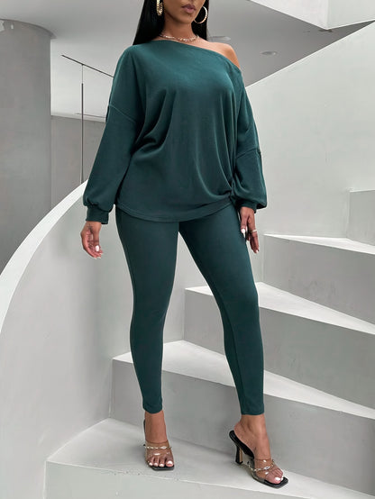 Conjunto de 2 piezas para mujer de un solo hombro – Top de manga farol y leggings ajustados
