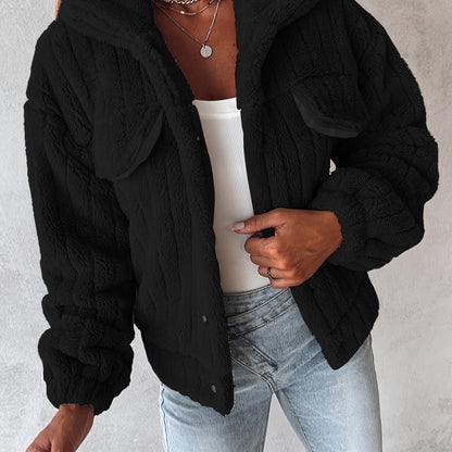 Women’s Soft Pink Plush Jacket – Button-Up Lapel Winter Cozy Outerwear