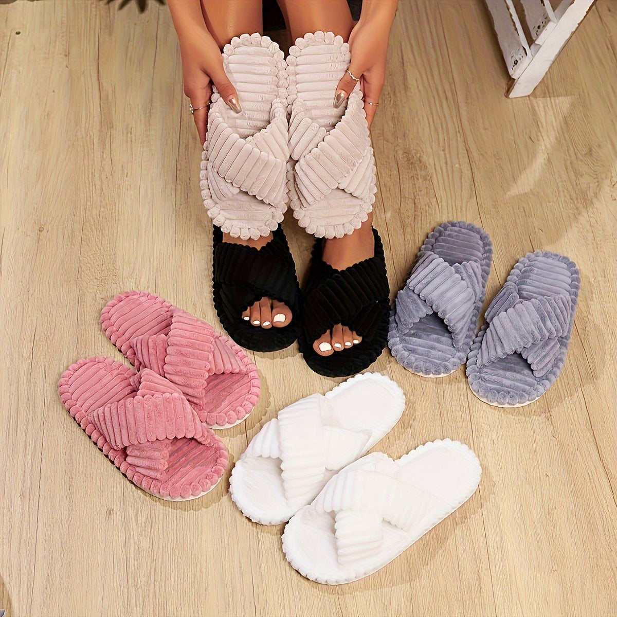 Plush Cross-Strap Slippers – Cozy Open-Toe Indoor Sandals