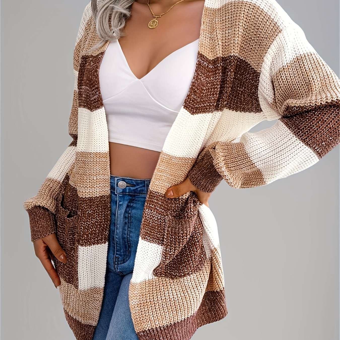 Women’s Color block Striped Cardigan – Puff Sleeve Winter Knit Sweater