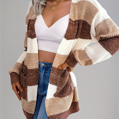 Women’s Color block Striped Cardigan – Puff Sleeve Winter Knit Sweater