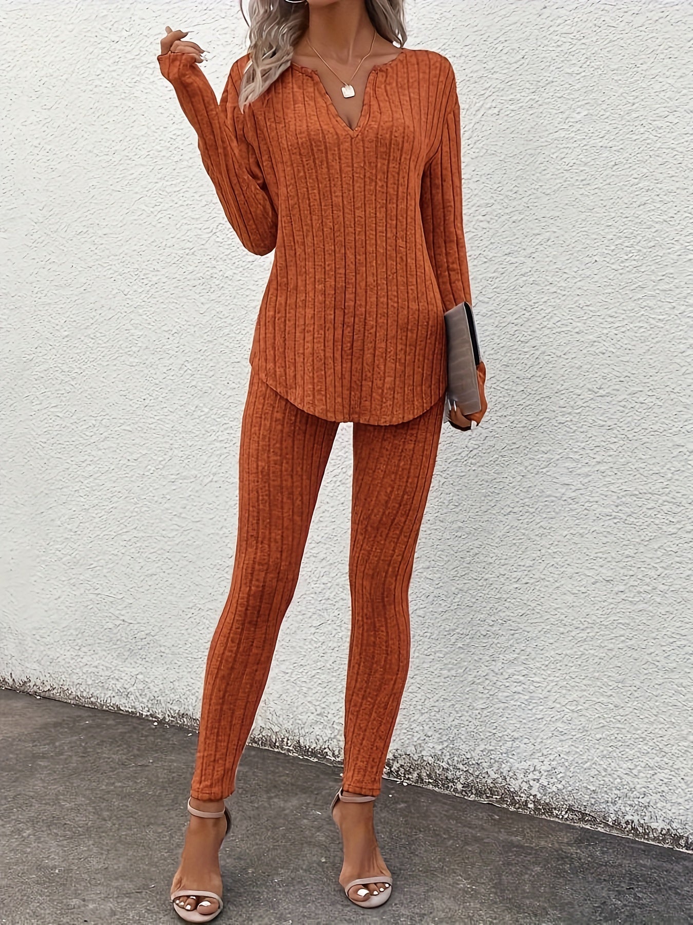 Ribbed Slim Fit Suit – Women’s V-Neck Long Sleeve Top & Pants Set