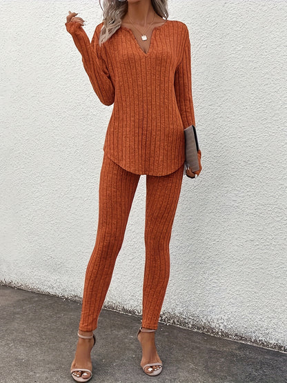 Ribbed Slim Fit Suit – Women’s V-Neck Long Sleeve Top & Pants Set