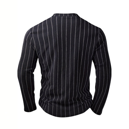Jersey de manga larga a rayas y cuello redondo para hombre – Suéter informal ajustado