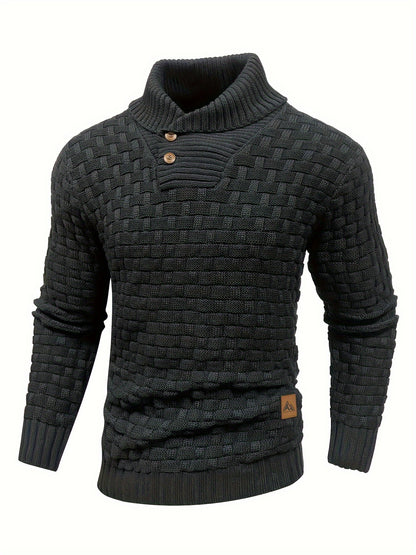 Men’s Waffle Knit Sweater – High Stretch Pullover with Lapel Collar