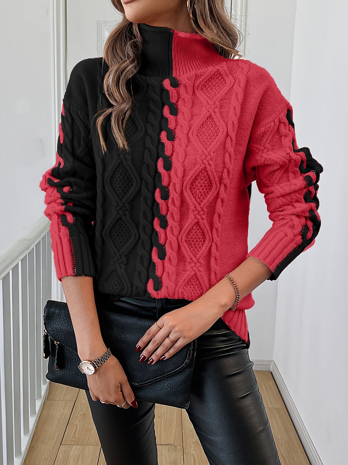 Blusa Elegante de Rayas con Cuello Alto – Top de Manga Larga de Punto Color Block