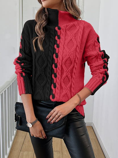 Blusa Elegante de Rayas con Cuello Alto – Top de Manga Larga de Punto Color Block