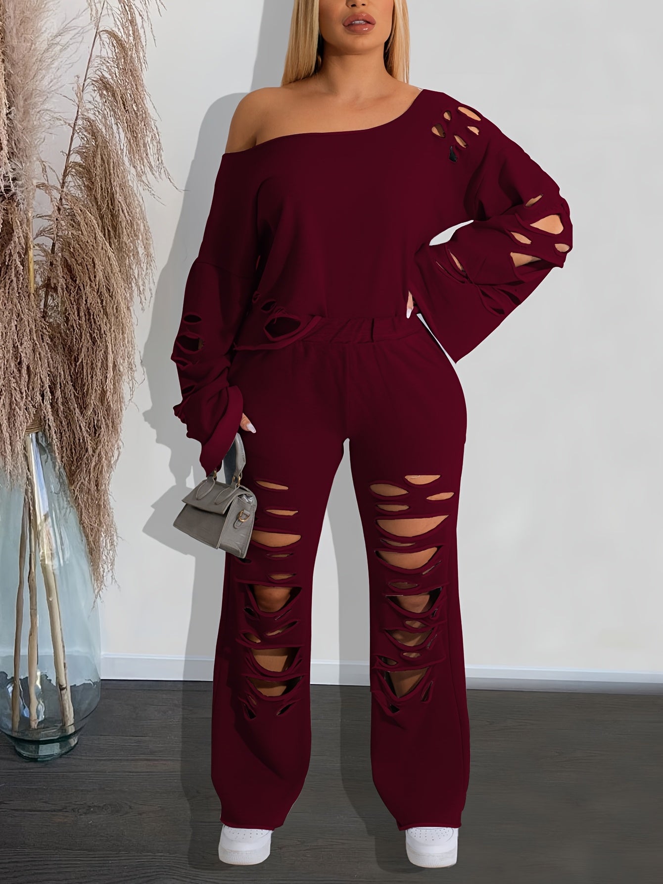 Ensemble 2 pièces femme épaules dénudées délavé – Haut manches longues et pantalon déchiré