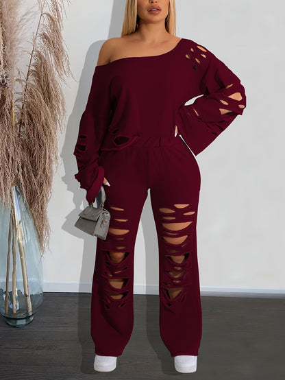 Ensemble 2 pièces femme épaules dénudées délavé – Haut manches longues et pantalon déchiré