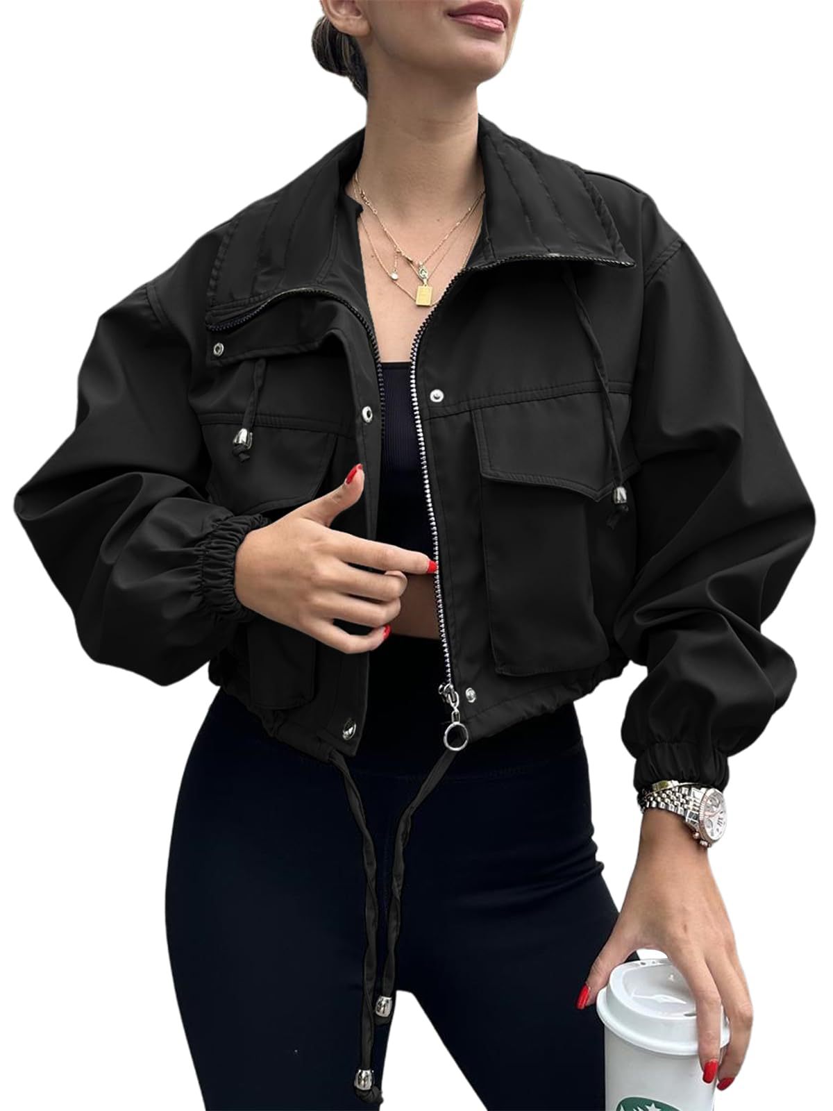 Chaqueta Trench Corta con Cremallera para Mujer – Estilo Urbano de Color Liso