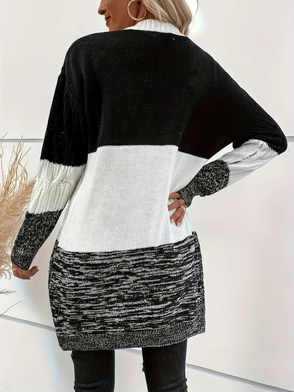 Chic Contrast Cardigan – V-Neck Color Block Knit