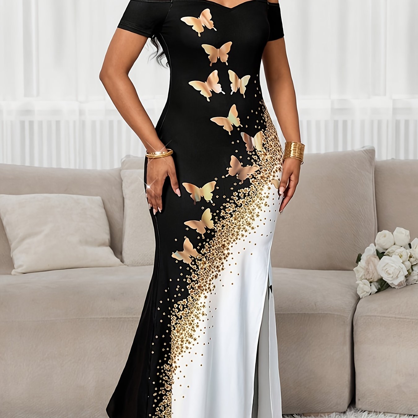 Vestido de Noche Sirena con Hombros Descubiertos – Elegante Vestido Largo con Abertura Alta para Mujer