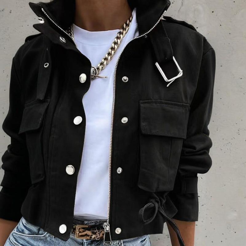 Chaqueta Corta Casual para Mujer con Cuello Alto, Botones y Cremallera