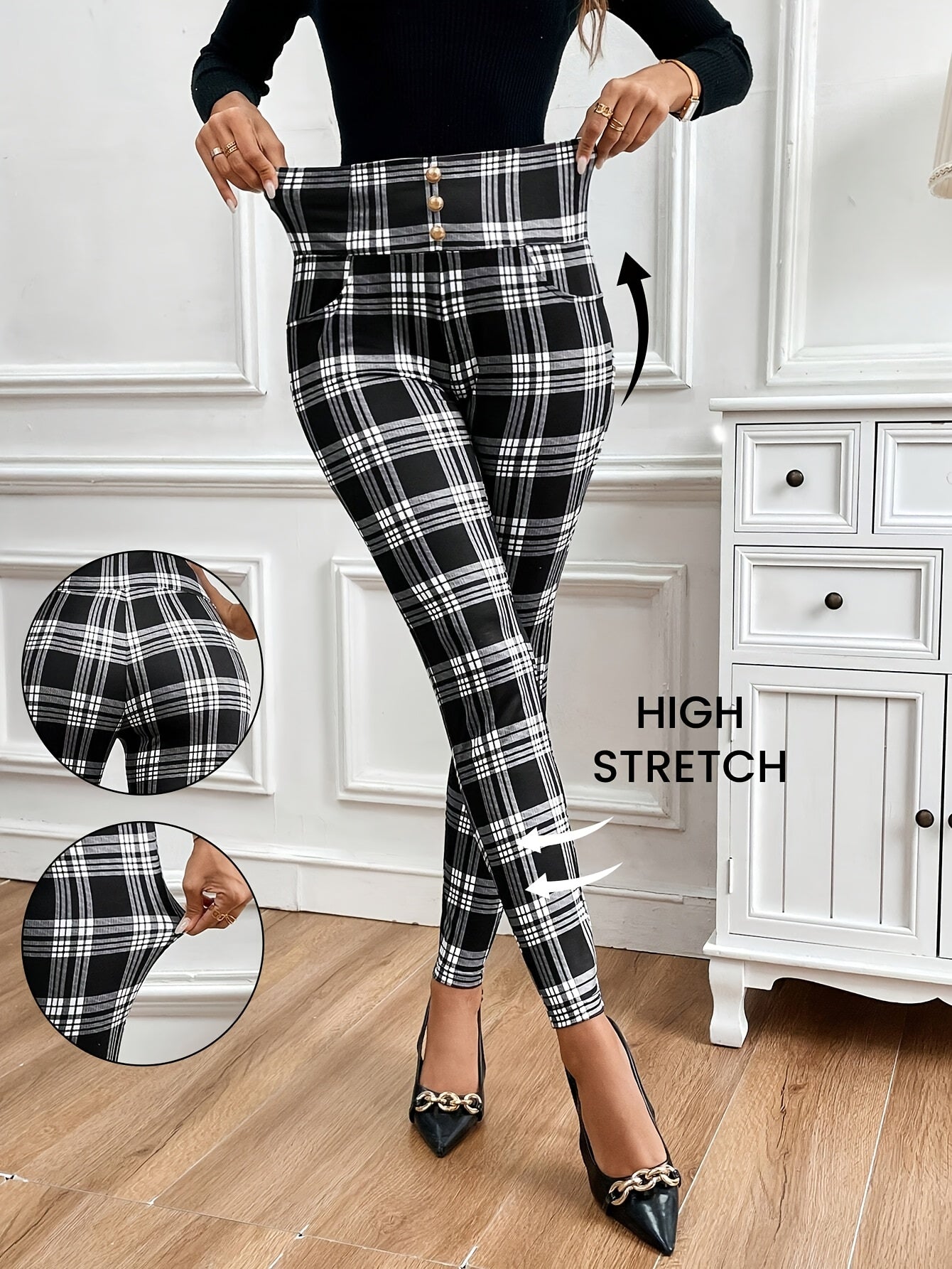 Pantalones entallados de cuadros de talle alto para mujer – Elegantes pantalones a cuadros