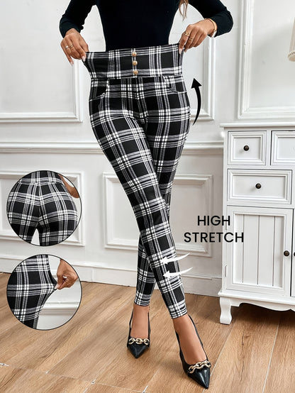 Pantalones entallados de cuadros de talle alto para mujer – Elegantes pantalones a cuadros