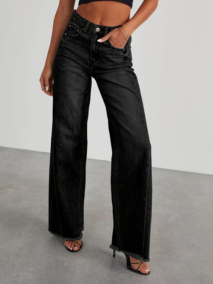 Pantalones vaqueros de mujer de talle alto y pernera ancha – Vaqueros elásticos informales holgados