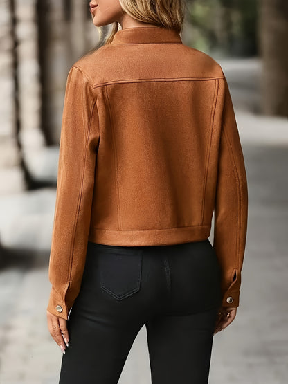 Vintage Suede Jacket – Women’s Stand Collar Button-Up Chic Spring/Fall Coat