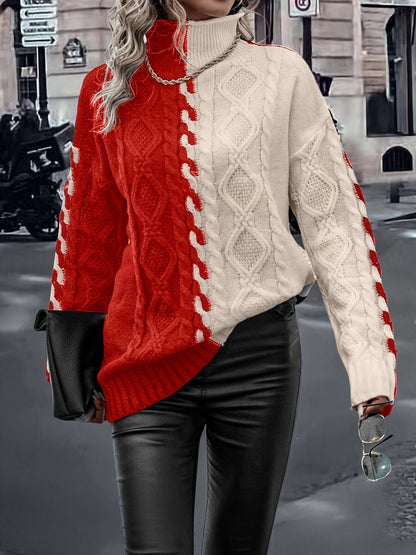 Blusa Elegante de Rayas con Cuello Alto – Top de Manga Larga de Punto Color Block