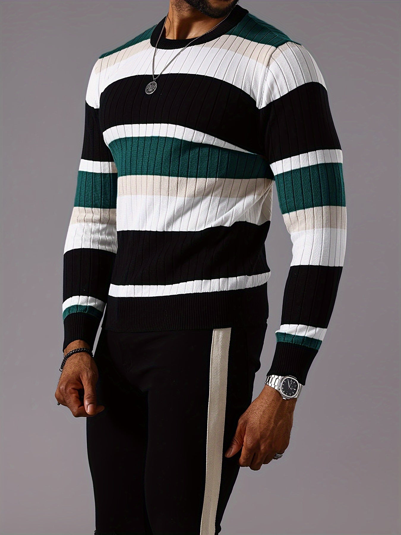 Pull rayé en tricot côtelé pour homme – Pull Color Block Automne Hiver