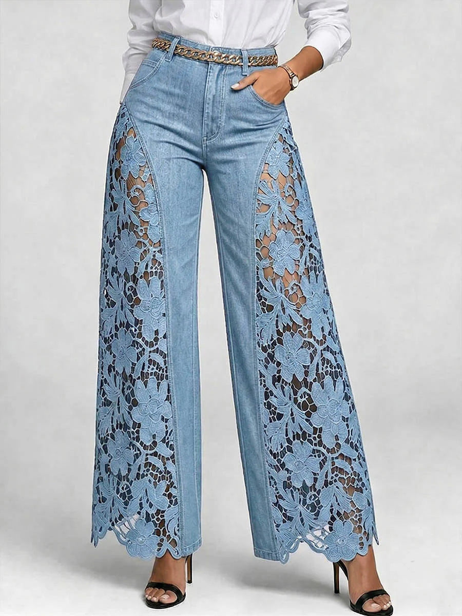Women’s Lace Panel Jeans – High Waist Wide-Leg Denim