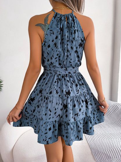 Robe Trapèze Évasée à Imprimé Léopard et Volants pour Femme Loom & Soul – Robe d'Été de Plage sans Manches et Col Halter