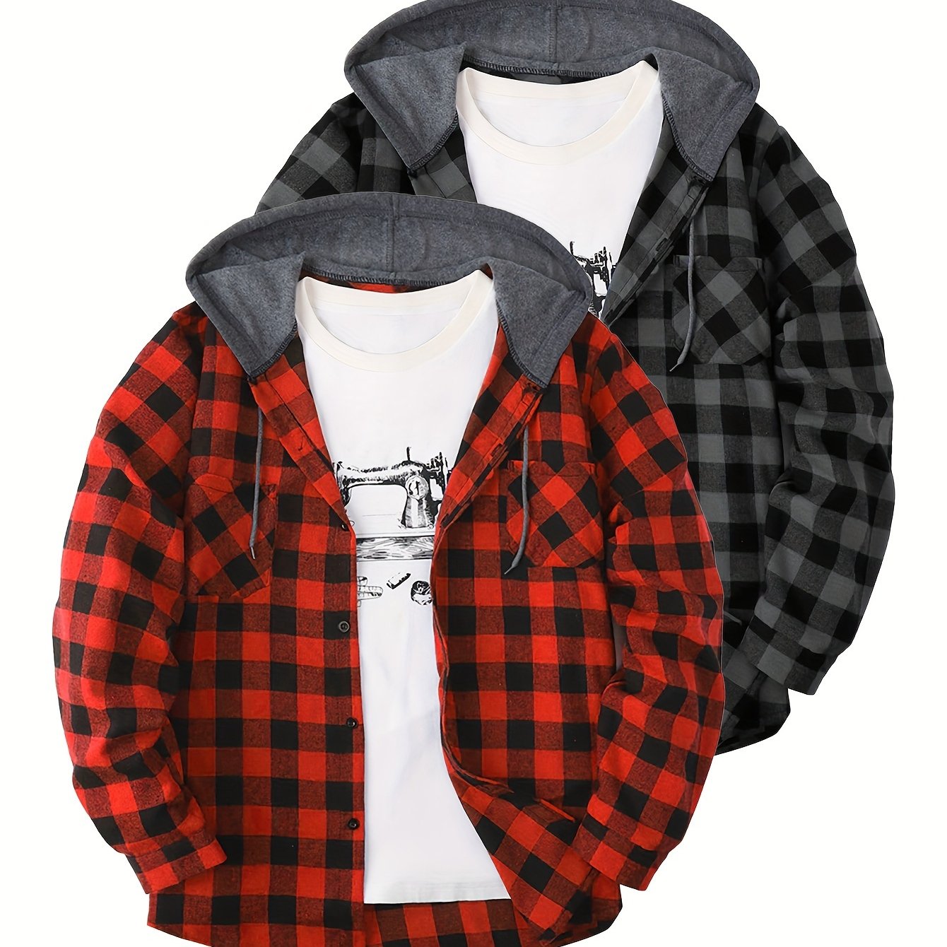 Camisas a cuadros con capucha para hombre, 2 piezas – Conjunto de chaqueta tipo suéter con botones