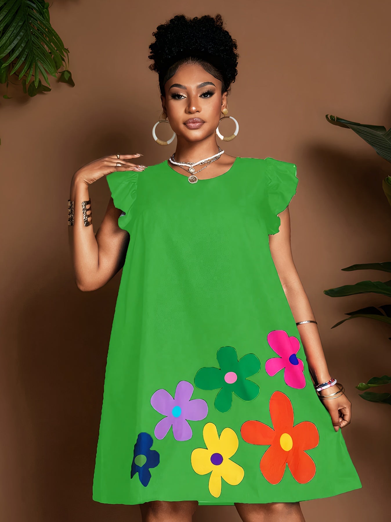 Vestido de verano con volantes en las mangas y estampado floral – Elegante vestido de verano hasta la rodilla