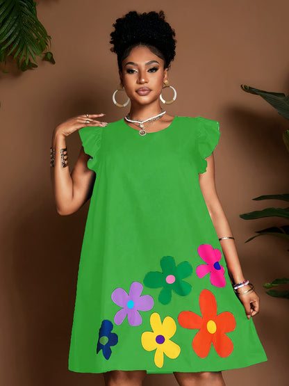 Vestido de verano con volantes en las mangas y estampado floral – Elegante vestido de verano hasta la rodilla