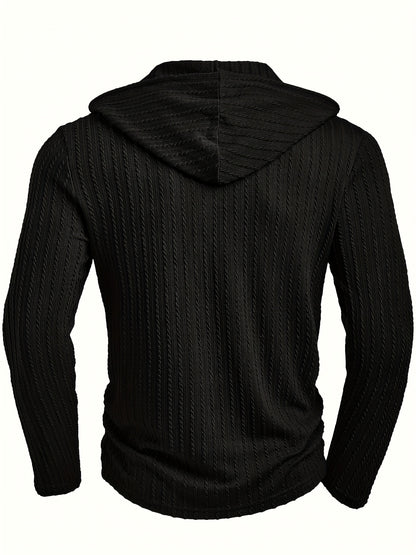 Camisa Henley con capucha para hombre – Sudadera texturizada informal de manga larga con cordón