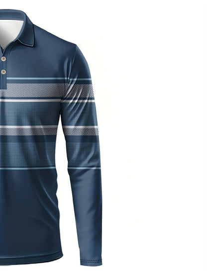 Polo de manga larga a rayas azules y blancas para hombre – Estilo casual y preppy