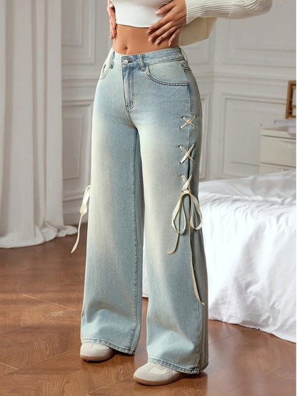 Women’s Bow-Tie Straight Jeans – High Waist Relaxed Wide-Leg Denim