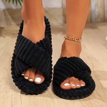 Plush Cross-Strap Slippers – Cozy Open-Toe Indoor Sandals