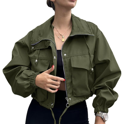 Chaqueta Trench Corta con Cremallera para Mujer – Estilo Urbano de Color Liso
