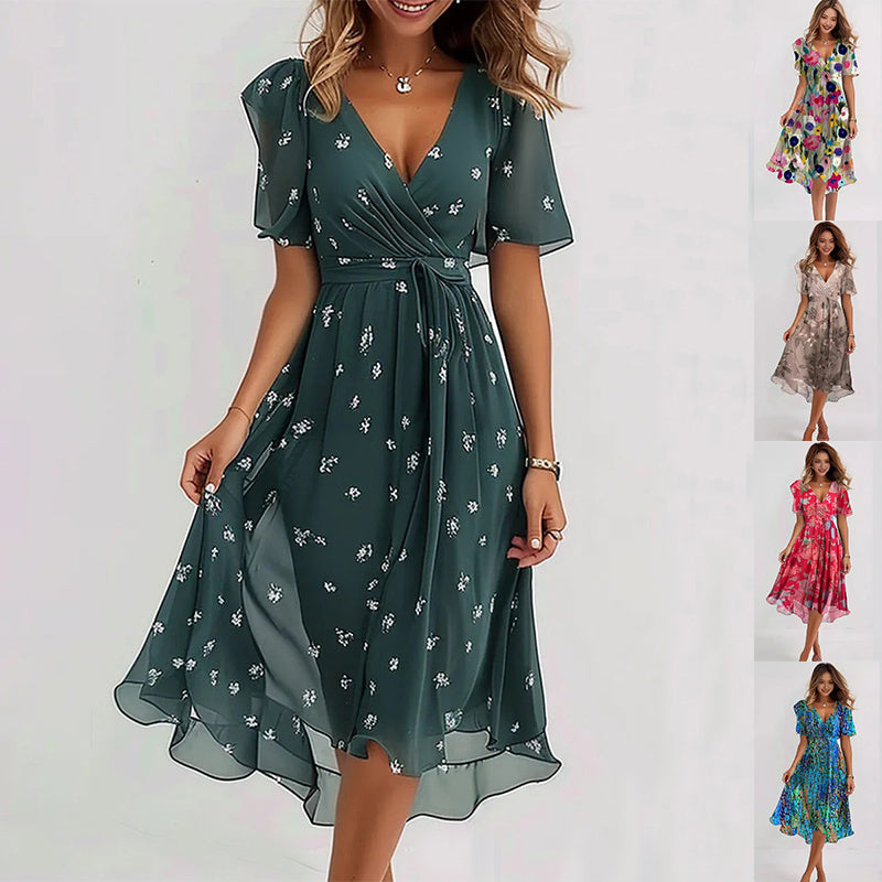 Loom & Soul™ Vestido floral de chifón – Vestido midi elegante de verano con cuello en V y manga corta para mujer